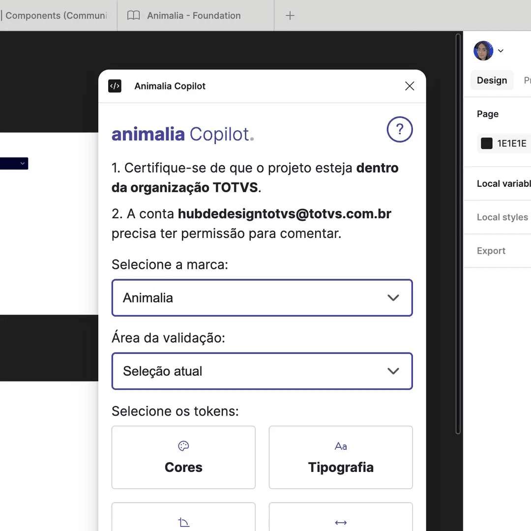 Interface do plugin Animalia Copilot no Figma mostrando validação de tokens