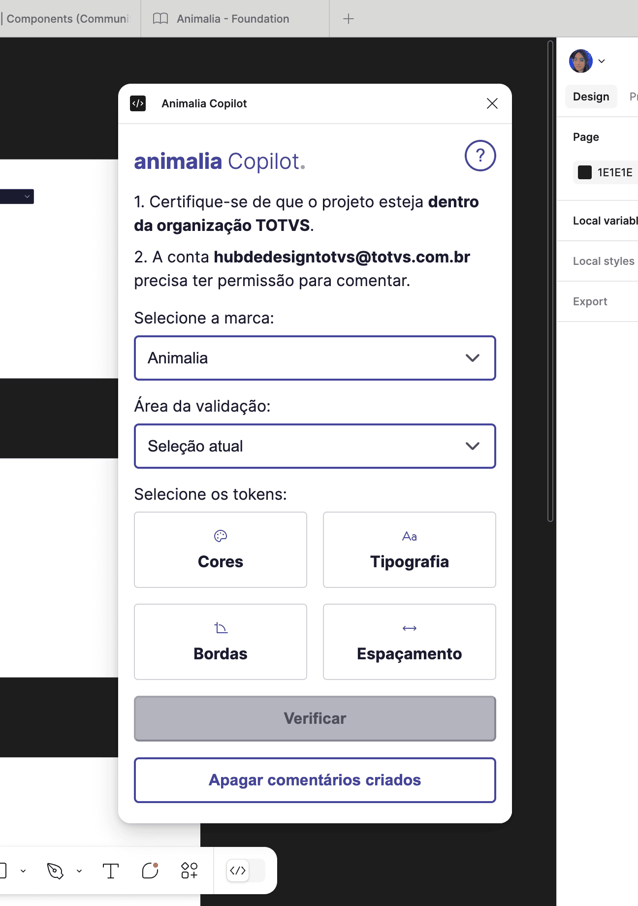 Plugin Animalia Copilot rodando no Figma em light mode, listando tokens de cor e tipografia