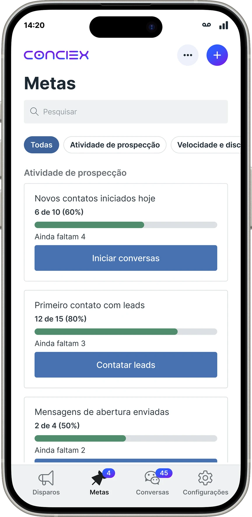 Tela Metas do Conciex Messaging, com as missões do dia da vendedora e o progresso de cada uma, como 6 de 10 novos contatos iniciados hoje, e um botão para agir em cada meta