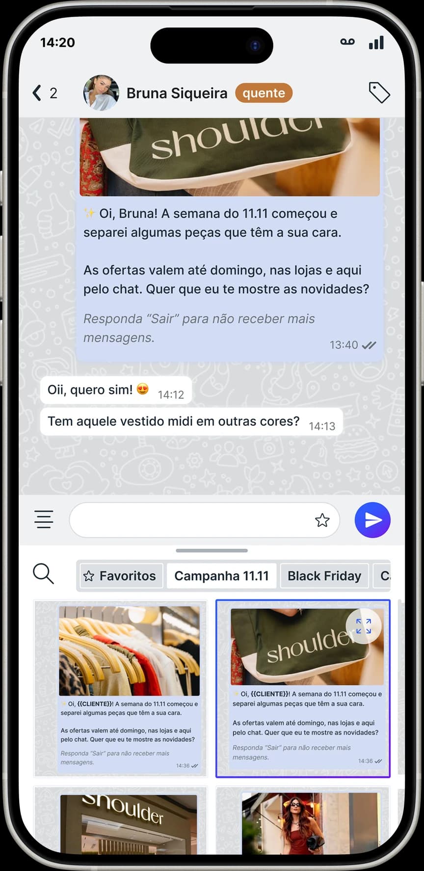 Conversa no Conciex Messaging com o seletor de templates aberto, organizado por abas como Favoritos, Campanha 11.11 e Black Friday